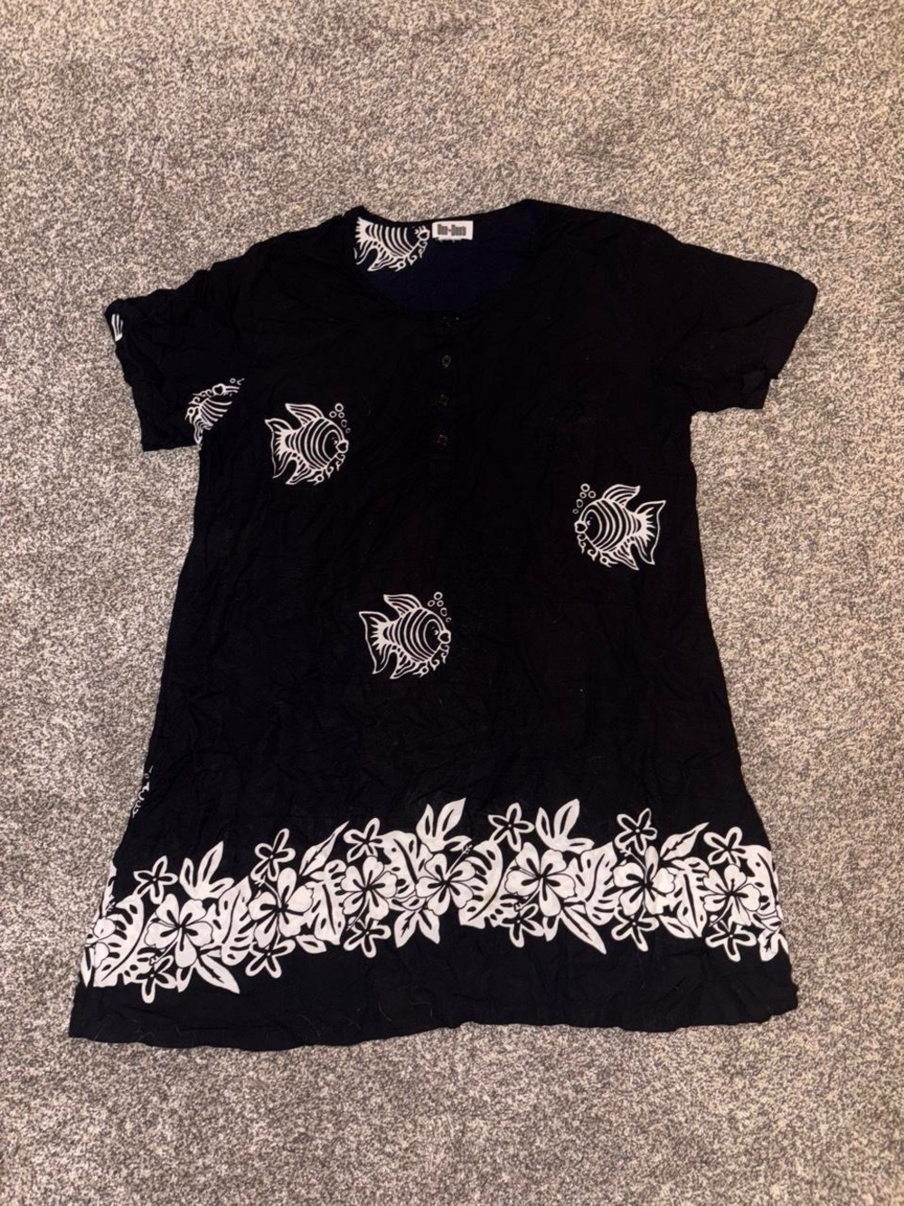 Y2K Black and white mini dress with fish design and floral pattern